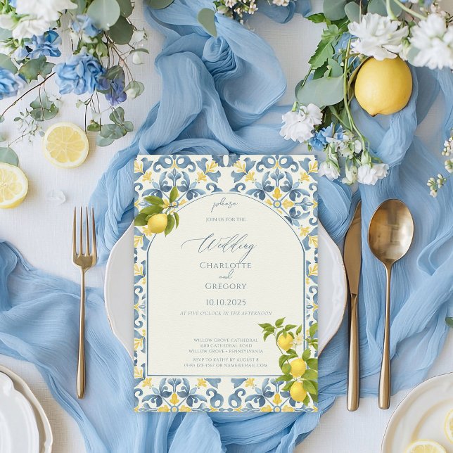 Italienisch Blue Tile Lemon Wedding Einladung (Von Creator hochgeladen)