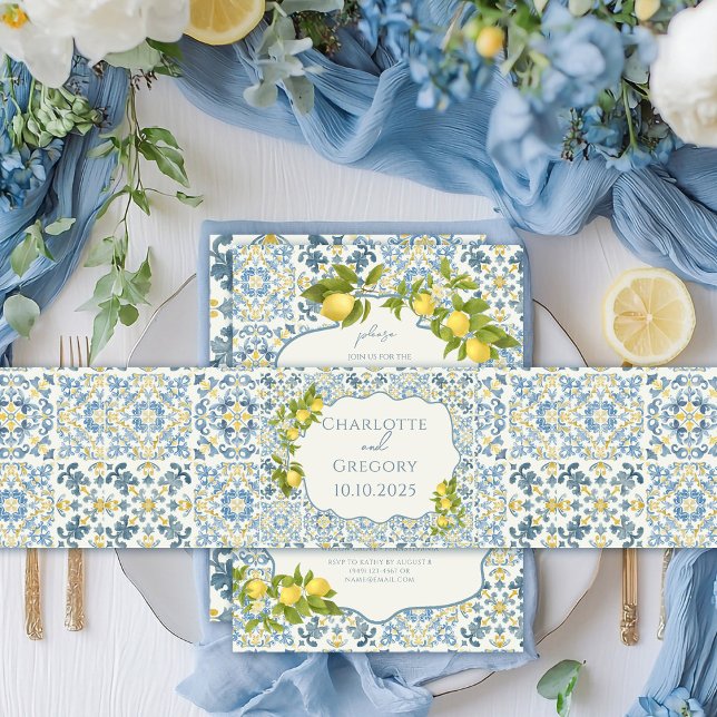 Italienisch Blue Tile Lemon Wedding Einladungsbanderole (Von Creator hochgeladen)