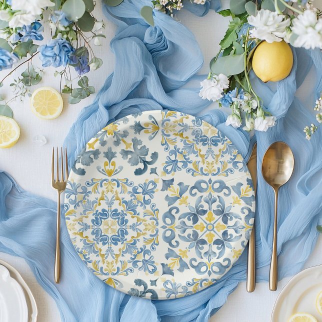 Italienisch Blue Tile Lemon Wedding Pappteller (Von Creator hochgeladen)