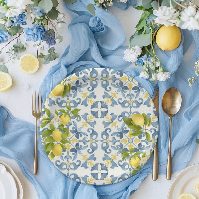 Italienisch Blue Tile Lemon Wedding Pappteller (Von Creator hochgeladen)