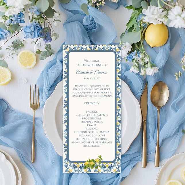 Italienisch Blue Tile Lemon Wedding Programm (Von Creator hochgeladen)