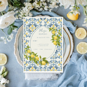 Italienisch Blue Tile Lemon Wedding RSVP Karte
