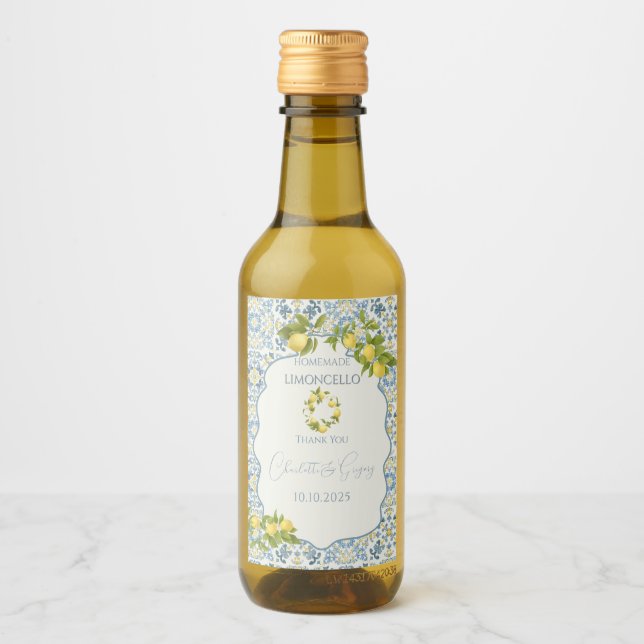 Italienisch Blue Tile Lemon Wedding Weinetikett (Vorderseite)