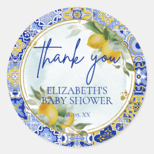 Italienisch Blue Tile Lemons Citrus Script Vielen  Runder Aufkleber