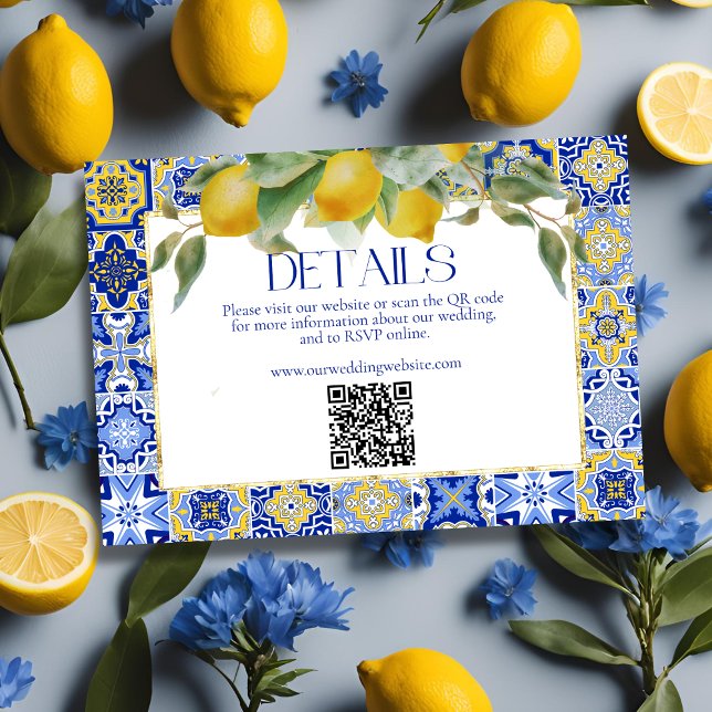 Italienisch Blue Tile Lemons Wedding Website QR Co Begleitkarte (Von Creator hochgeladen)