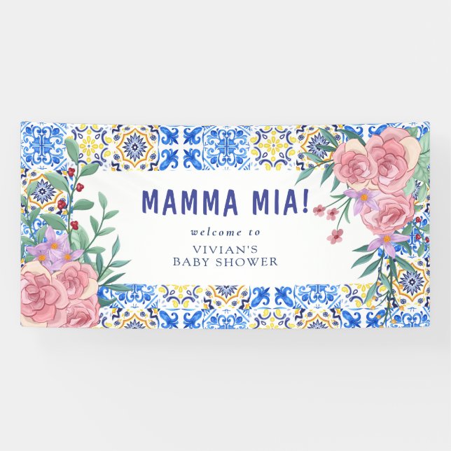 Italienisch Blue Tile Mamma Mia Baby Dusche Einlad Banner (Horizontal)