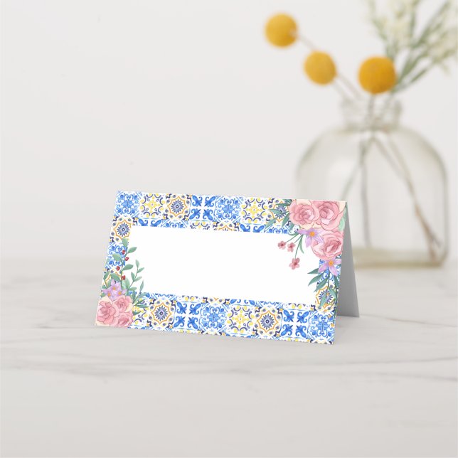 Italienisch Blue Tile Mamma Mia Blank Platzkarte (Vorderseite)