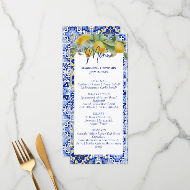 Italienisch Blue Tiles Lemons Amalfi Coast Wedding Menükarte (Vorderseite/Rückseite Beispiel)