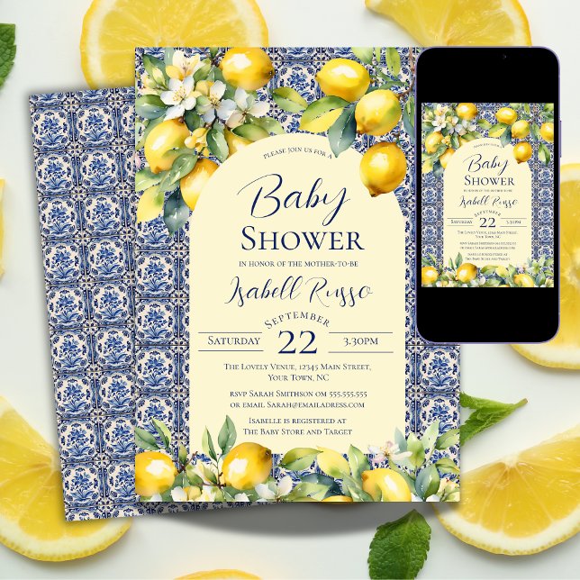 Italienisch Blue Tiles Watercolor Lemon Baby Dusch Einladung (Von Creator hochgeladen)