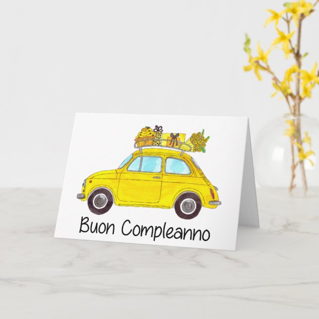 Italienisch Geburtstag Retro Fiat 500 Karte (Gelbe Blume)