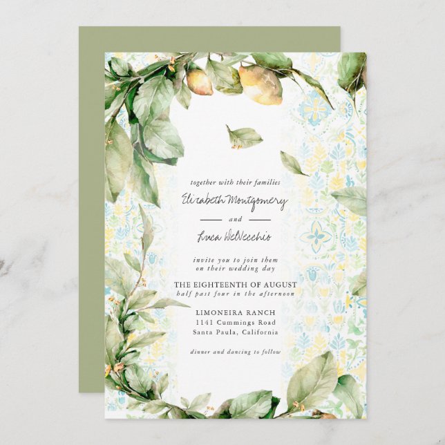 Italienisch Lemon Grove | Boho Botanical Wedding Einladung (Vorne/Hinten)