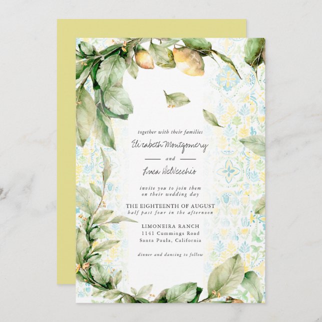Italienisch Lemon Grove | Boho Botanical Wedding Einladung (Vorne/Hinten)