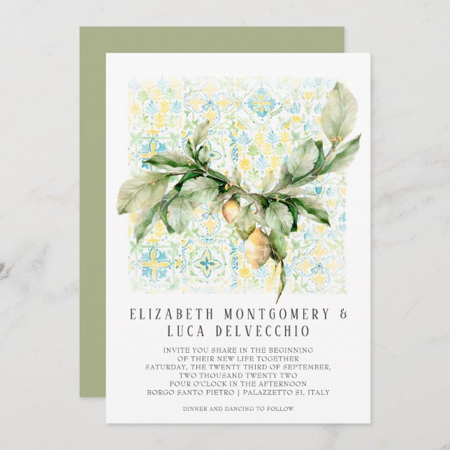 Italienisch Lemon Grove | Boho Botanical Wedding Einladung (Vorne/Hinten)