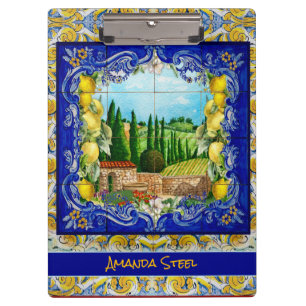 Italienisch Majolica blauen Fliesen Zitrusmonogram Klemmbrett