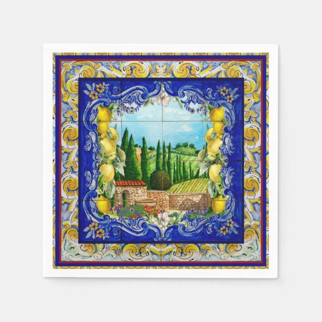 Italienisch Majolica blauen Kacheln Zitrusfrüchte Serviette (Vorderseite)