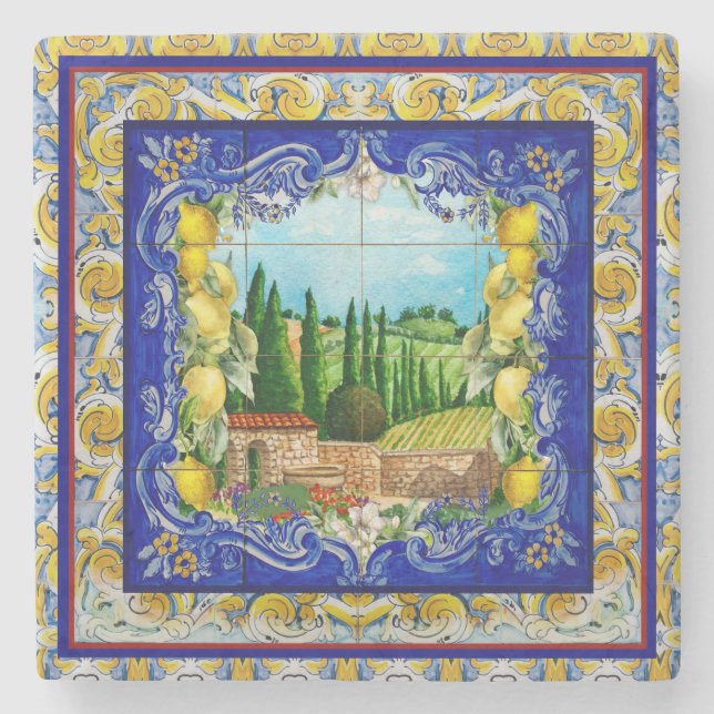 Italienisch Majolica blauen Kacheln Zitrusfrüchte Steinuntersetzer (Vorderseite)