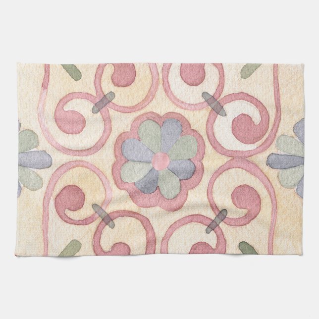 Italienisch Majolica Pink Flora Aquarell Geschirrtuch (Horizontal)
