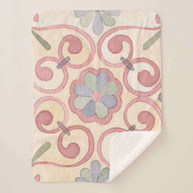 Italienisch Majolica Pink Flora Aquarell Sherpadecke (Vorderseite)