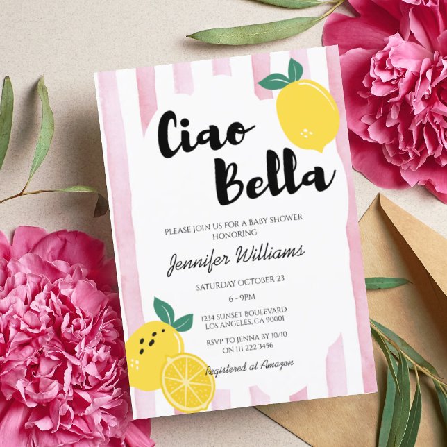 Italienisch Pink Lemon Ciao Baby Bella Dusche Girl Einladung (Italian Lemon Girl Baby Shower Invitation)