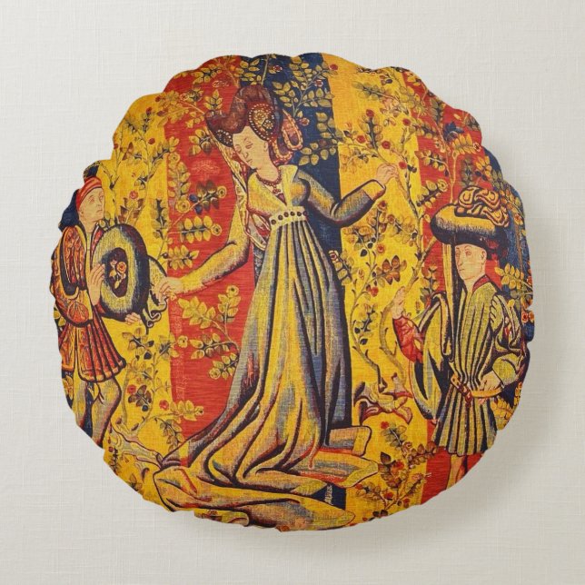 Italienisch Rot Gelb Chinoiserie Rundes Kissen (Vorderseite)