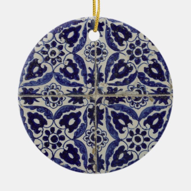 Italienisch-rustikale Tiles Azulejo Blue White Geo Keramik Ornament (Vorne)