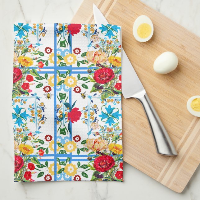 Italienisch, sizilianisch, blumenreich, majolika   geschirrtuch (Viertel Falte)