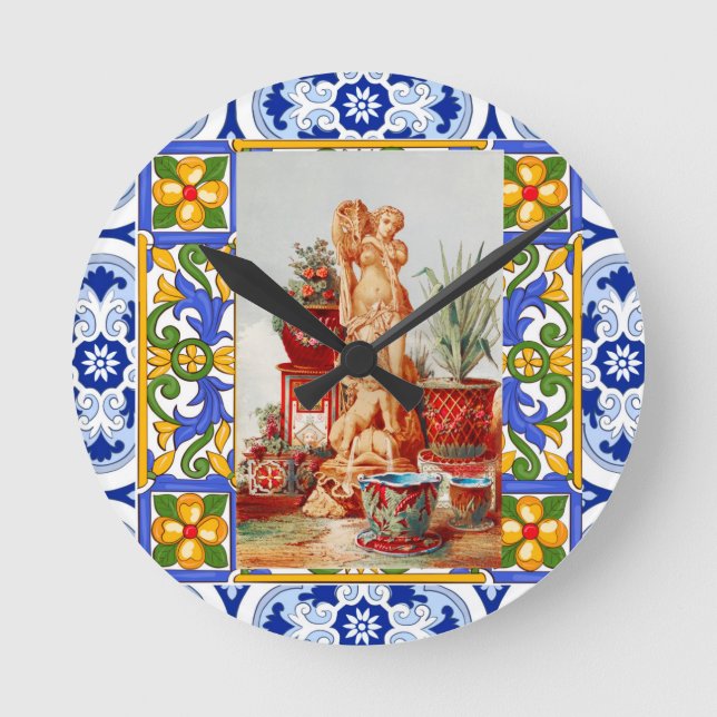 Italienisch,sizilianische Kunst,Maiolica,Fliesen,b Runde Wanduhr (Vorderseite)