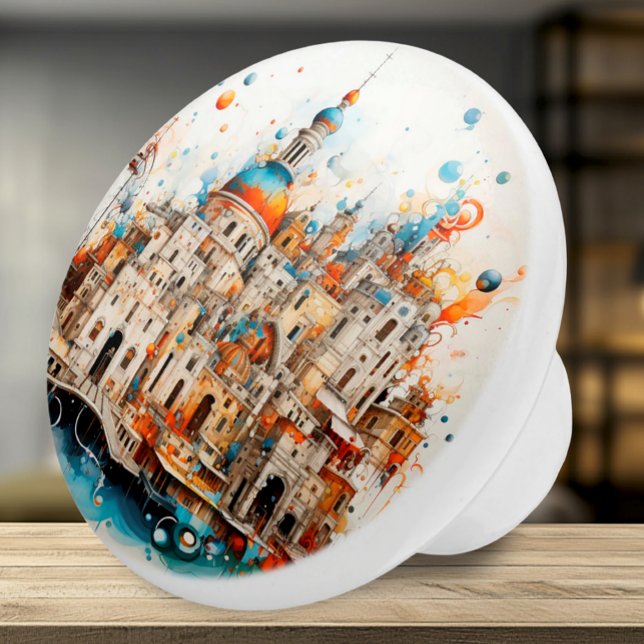 Italienische Abstrakte Architektur Keramikknauf (Ceramic Knob - Artsy Italian Architecture in Teal & Orange - Accent for Any Room)
