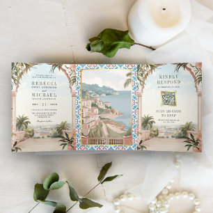 Italienische Amalfi Küste QR Code Hochzeit Dreifach Gefaltete Einladung
