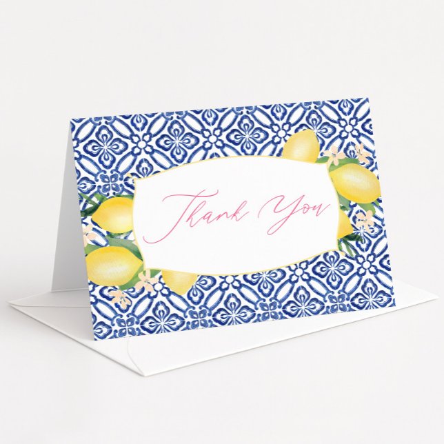 Italienische Aquarellfarben Lemons Blaues, weißes  Dankeskarte (Lemons blue tiles bridal shower thank you card)