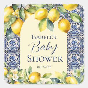 Italienische blaue Fliesen Aquarell-Limonen-Baby-W Quadratischer Aufkleber