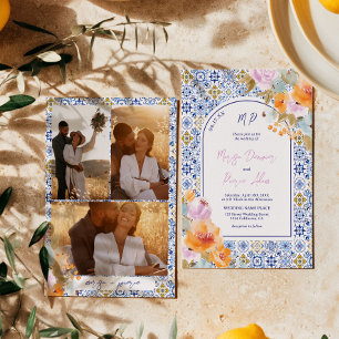 Italienische blaue Fliesen kühne Boho-Blumen-Foto- Einladung