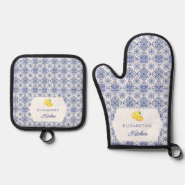 Italienische blaue Zitronenfliese personalisiert m Ofenhandschuh & Topflappen-Set