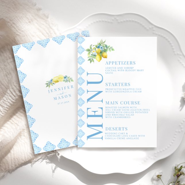 Italienische Blue Tiles Lemon Floral Wedding Karte (Von Creator hochgeladen)