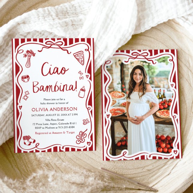 Italienische Ciao Bambina Girl Whimsical Baby Dusc Einladung (Watercolor Ciao Bambina Girl Whimsical Italian Baby Shower Invitation)