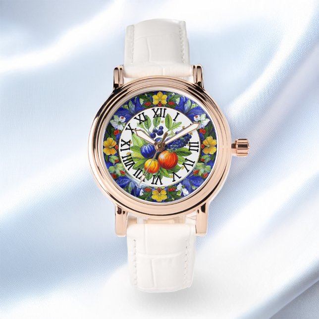 Italienische Deruta Bouquet Obst und Gemüse Motif Armbanduhr (Zazzle Italian Deruta Bouquet Fruits And Vegetables Motif Watch Satin Background)