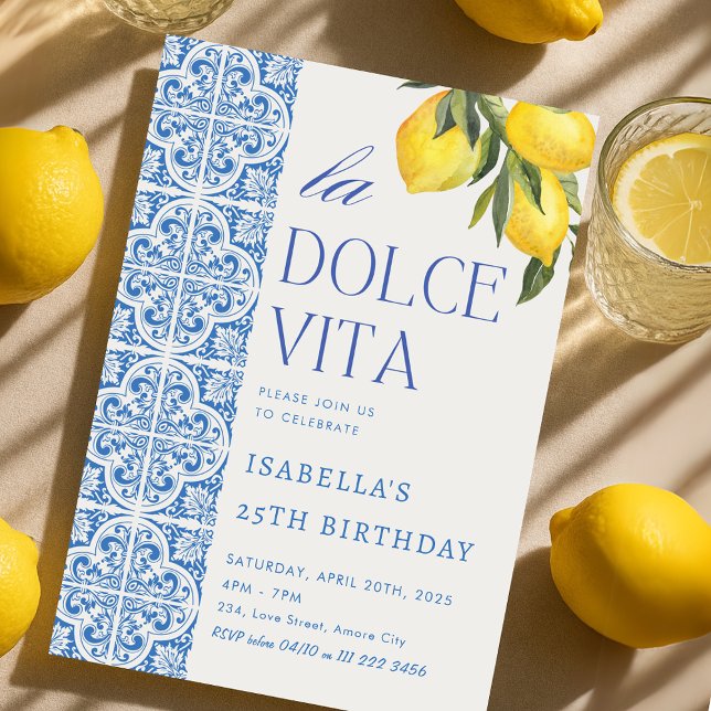 Italienische Dolce Vita Mittelmeer Tiles Geburtsta Einladung (Italian Dolce Vita Mediterranean Tiles Birthday Invitation)