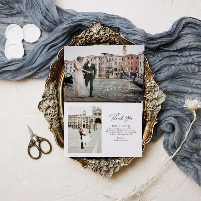 Italienische Elegance Klassische Schrift Zwei-Foto Dankeskarte (Von Creator hochgeladen)