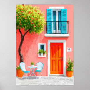 Italienische Fassade mit einem blühenden Baum Poster