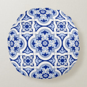 Italienische Fliesen, Majolika, Blau und Weiß Rundes Kissen