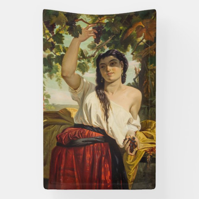 Italienische Frau, die Trauben pflückt (Sommerernt Banner (Vertikal)