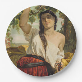 Italienische Frau, die Trauben pflückt (Sommerernt Pappteller