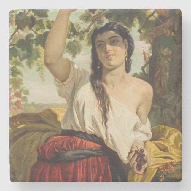 Italienische Frau, die Trauben pflückt (Sommerernt Steinuntersetzer (Vorderseite)