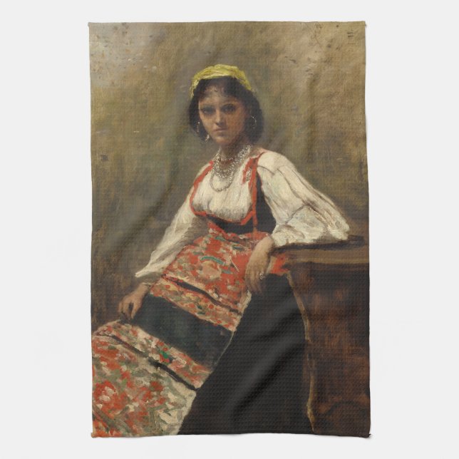 Italienische Frau (La Morieri) von Corot Geschirrtuch (Vertikal)