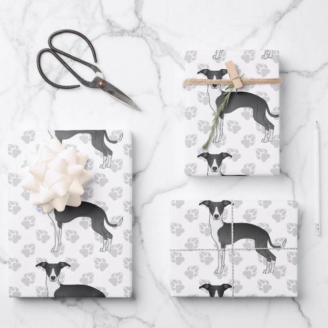 Italienische Grauhunde mit Paws in Schwarz und Wei Geschenkpapier Set (Vorderseite)
