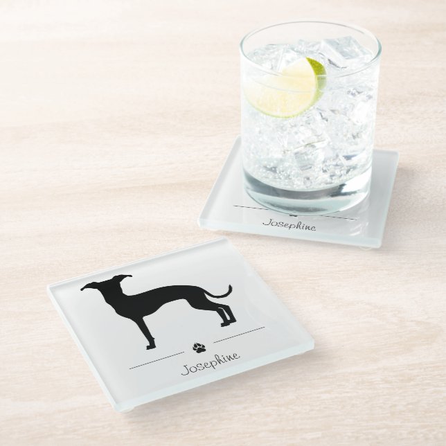 Italienische Greyhound-Silhouette mit Paste und Te Glasuntersetzer (Schrägansicht)
