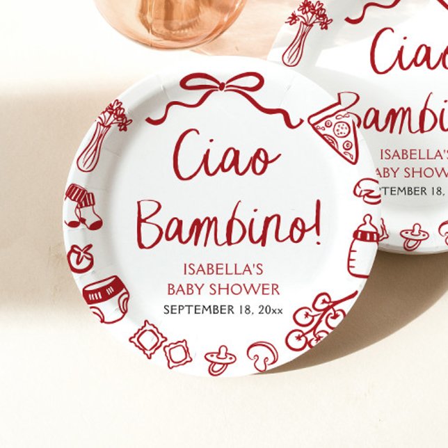 Italienische Handgezogene Pizza Ciao Bambino Babyd Pappteller (Italian Hand Drawn Pizza Ciao Bambino Baby Shower Paper Plates)