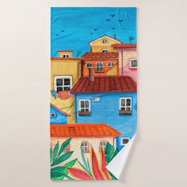 Italienische Häuser. Gouache Badehandtuch (Badehandtuch)