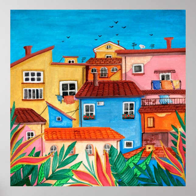Italienische Häuser. Gouache Poster (Vorne)