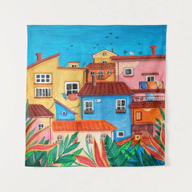 Italienische Häuser. Gouache Wandteppich (Vorderseite)